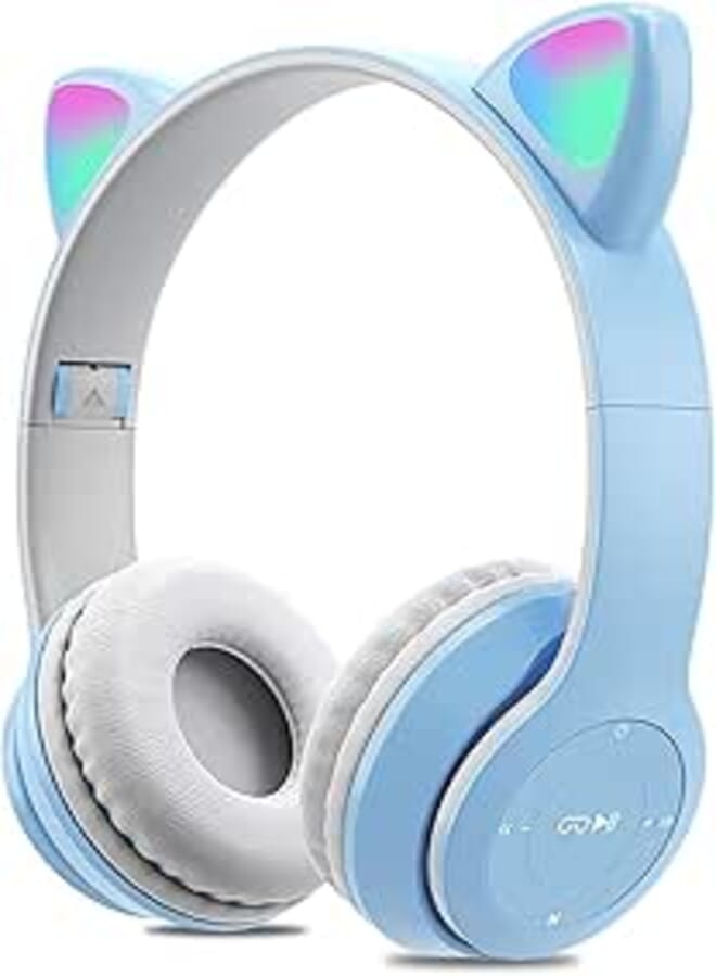 Joyzzz Cat Ear Kids Headphones, Led Light Up Bluetooth 5.0 Wireless Kids Headphones, Kids Gaming Headset with Microphone and Two Ears, Foldable Cat Ear Headphones for Smartphone, PC, Tablet (Blue)